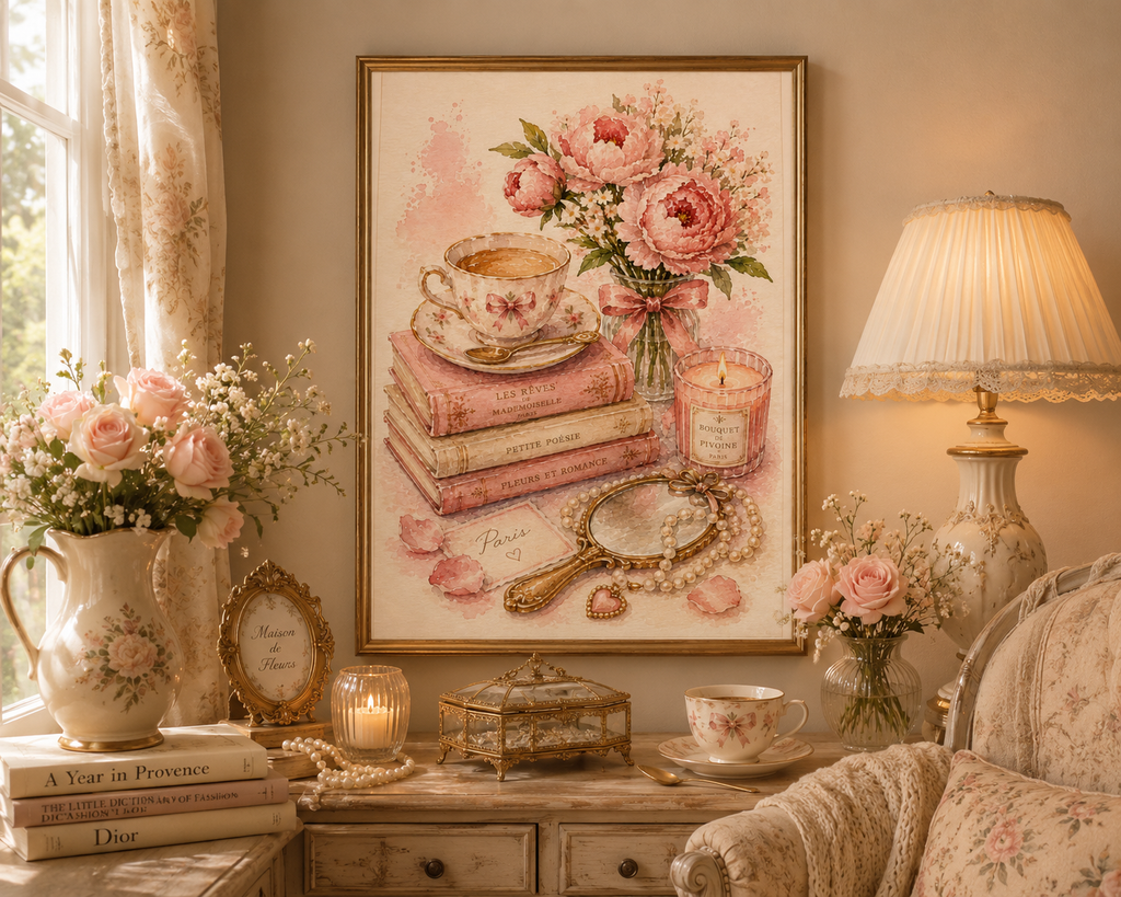 Parisian Romance Wall Art Set of 4: Feminine French Café Printable Collection