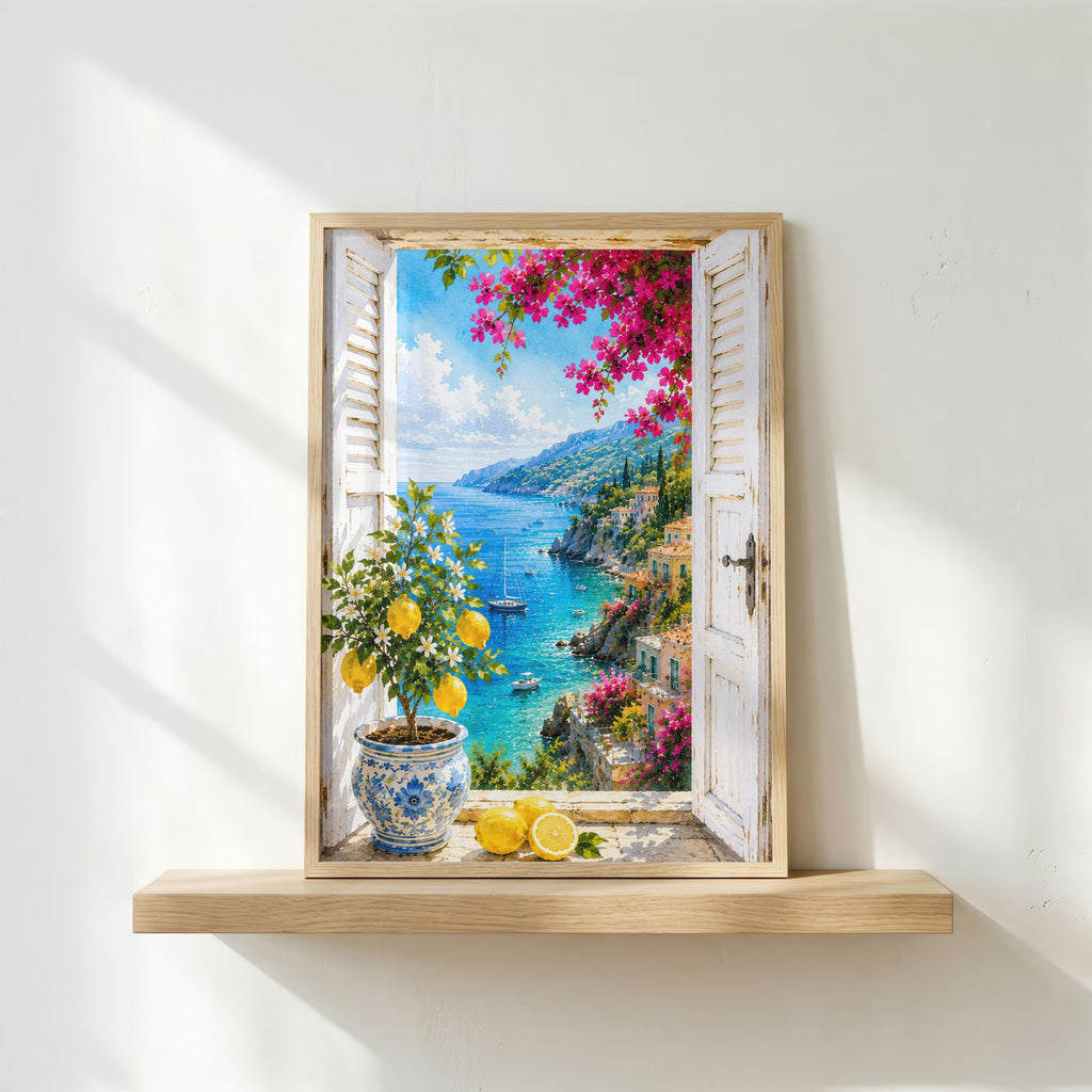 Mediterranean Window Wall Art Set of 3: Amalfi Coast Lemon Trees & Coastal Views Printable