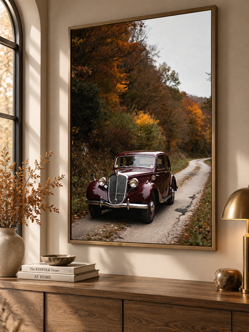 Vintage Car Wall Art: Burgundy Car on Autumn Country Road, Moody Fall Photography Printable