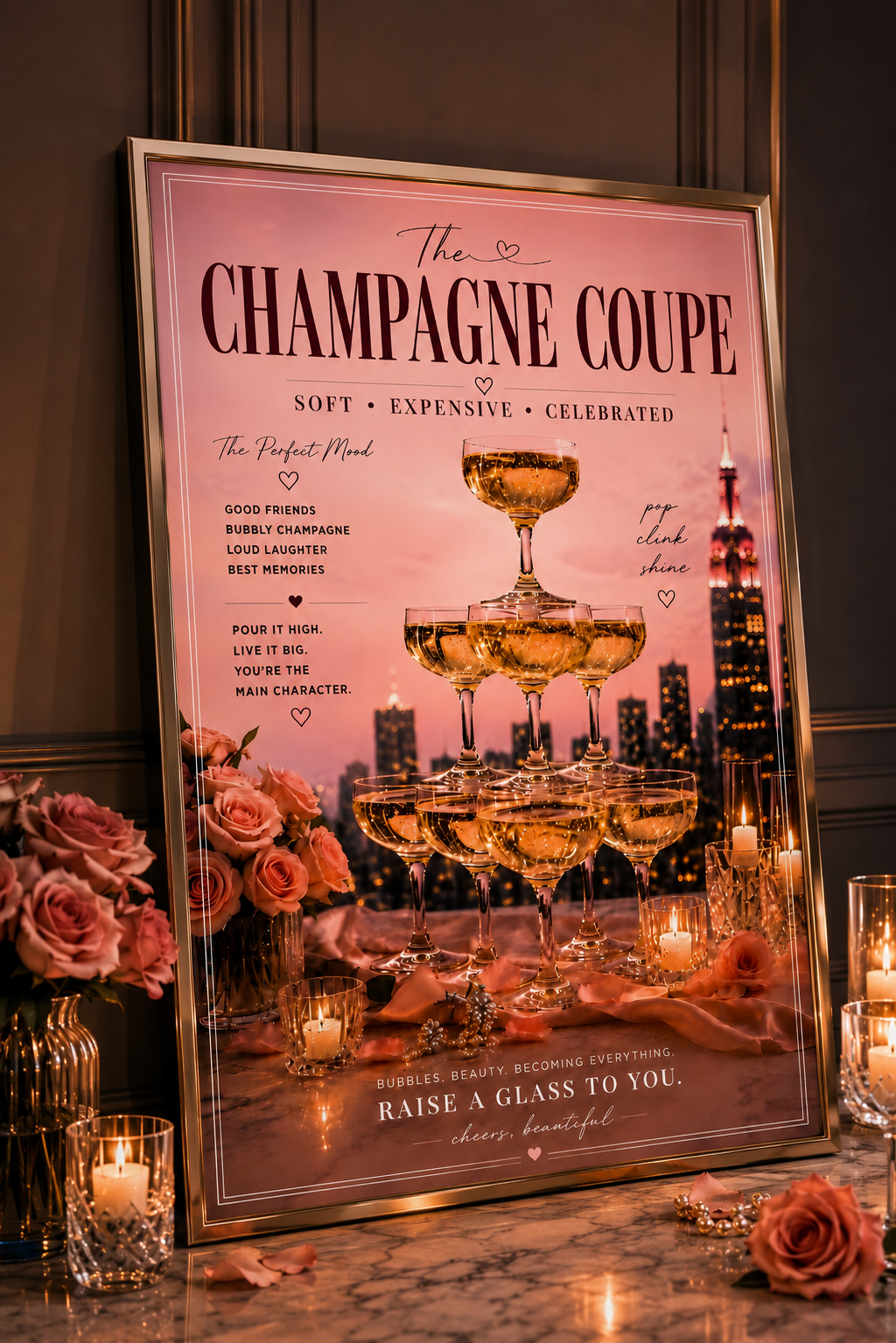 Pink Champagne Tower Cocktail Wall Art: Feminine Luxury Parisian Bar Cart Printable Poster