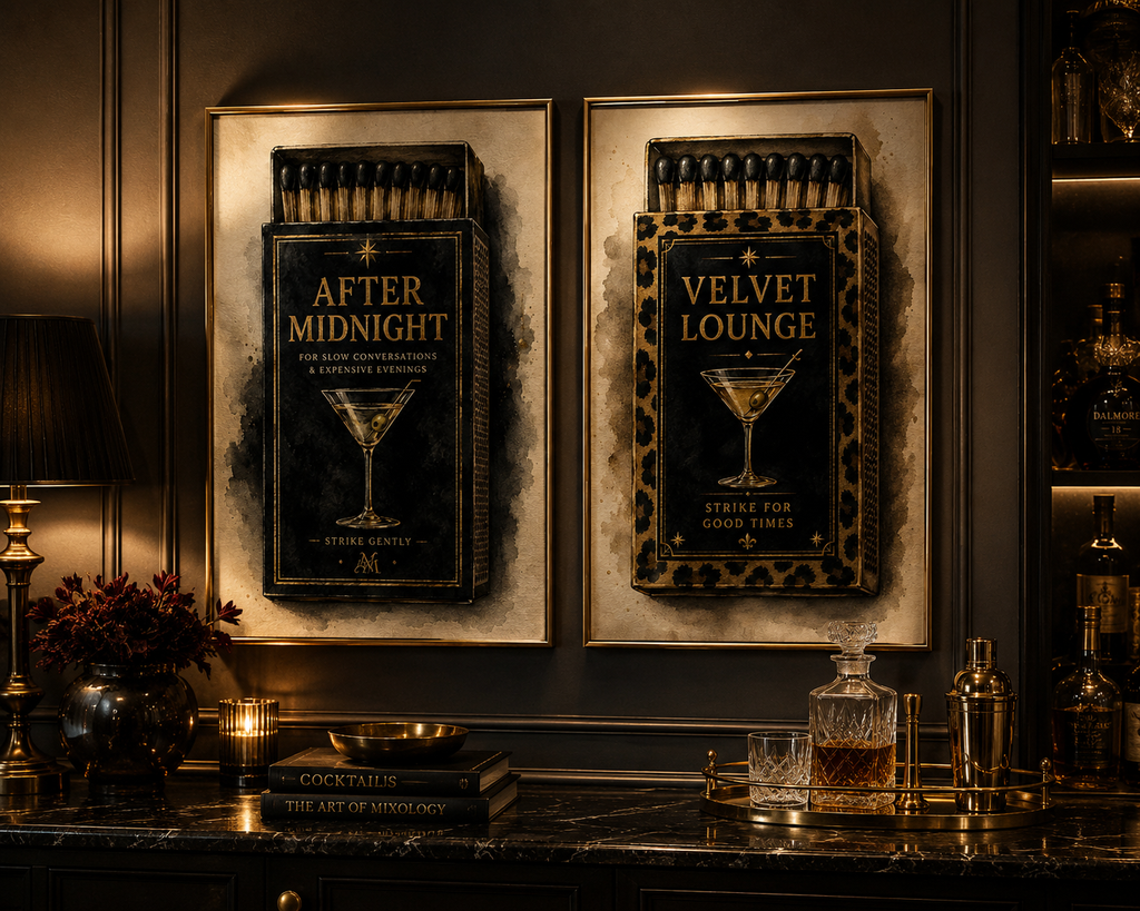 Vintage Martini Matchbox Wall Art Set of 2: Moody Cocktail Lounge Printable