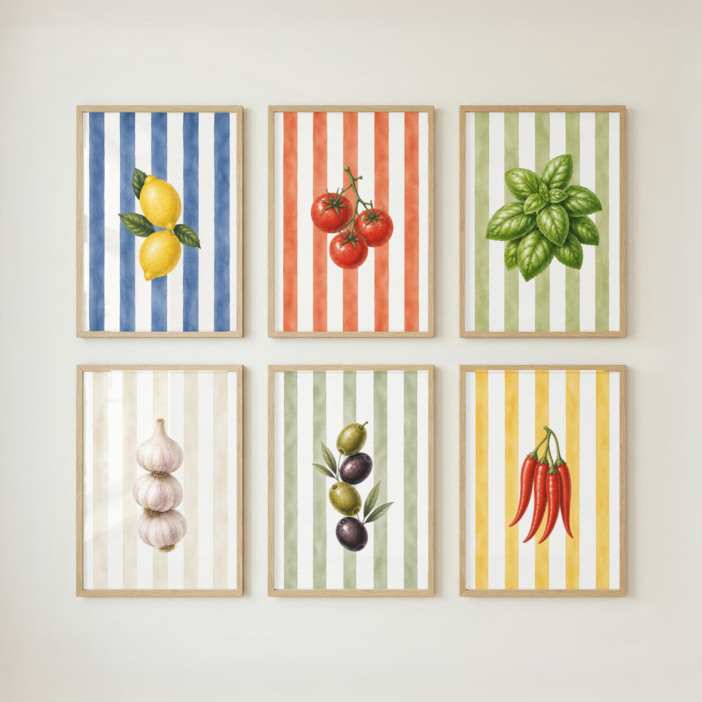 Mediterranean Kitchen Wall Art Set of 6: Italian Food Decor Printable