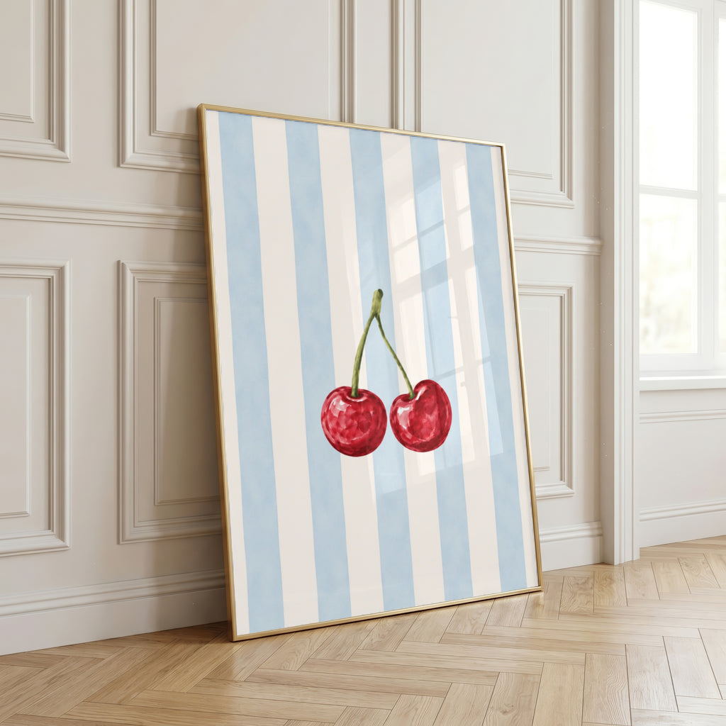 Cherry Wall Art Set of 3: Pastel Striped Bedroom Decor, Coquette Printable