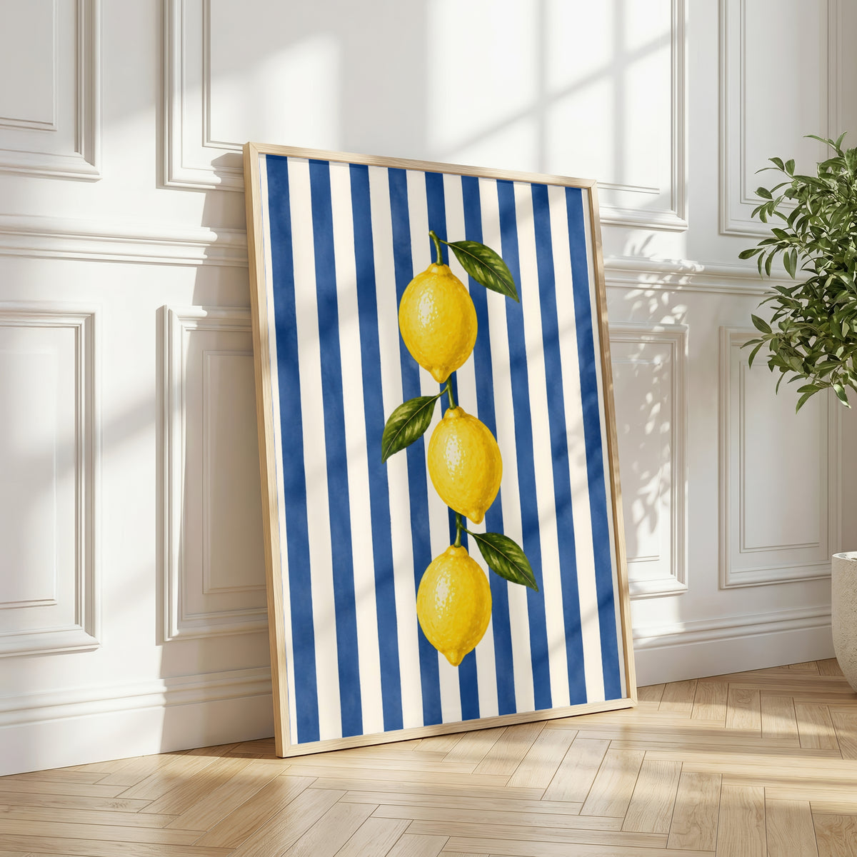 Lemon Wall Art: Mediterranean Italian Kitchen Decor, Blue Striped Printable