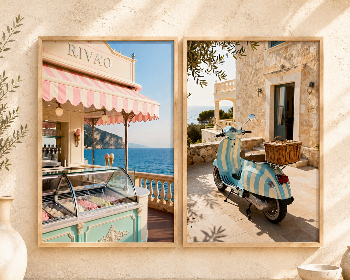 Italian Riviera Wall Art Set of 2: Vintage Scooter & Coastal Photography Printable