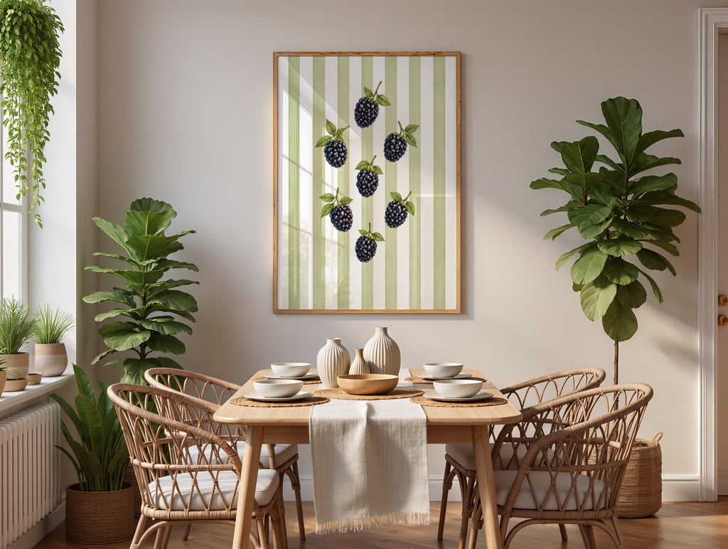 Striped Fruit Wall Art Set of 8: Colorful Kitchen Fruit Decor, Lemon Strawberry Cherry Printable