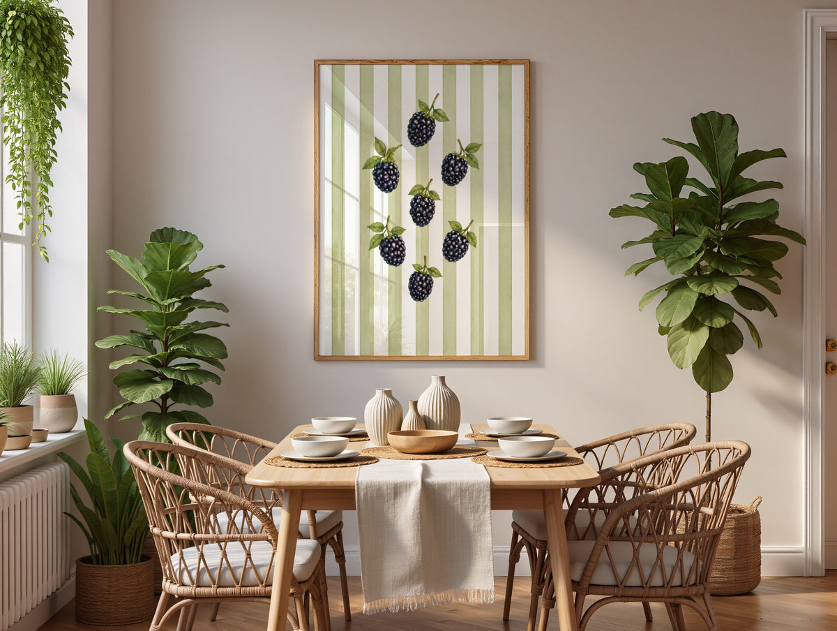 Striped Fruit Wall Art Set of 8: Colorful Kitchen Fruit Decor, Lemon Strawberry Cherry Printable