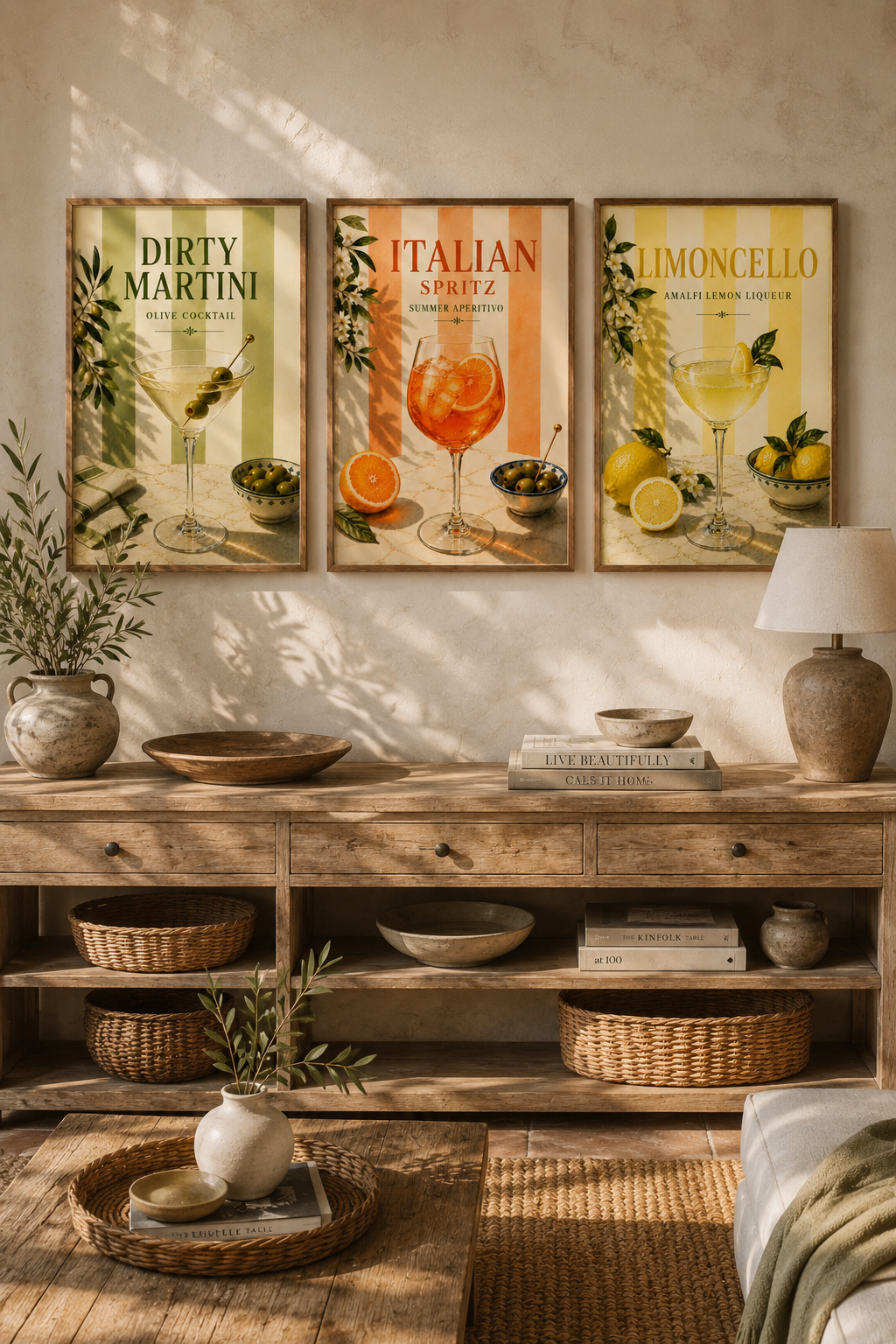 Mediterranean Cocktail Wall Art Set of 3: Italian Spritz, Limoncello & Dry Martini Printable
