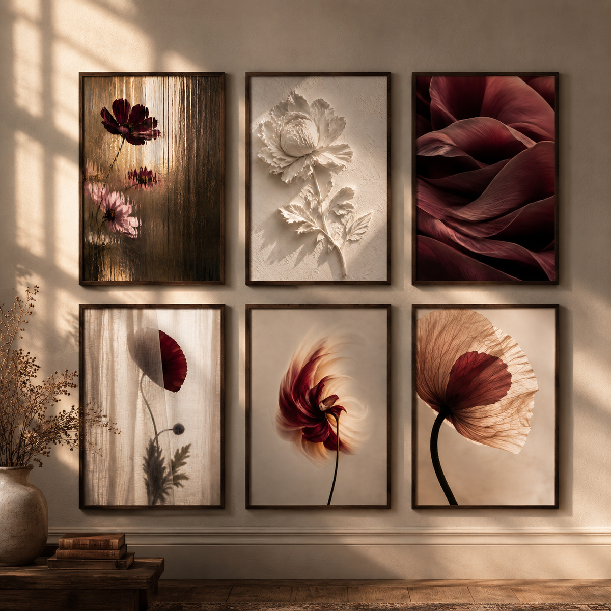 Burgundy Flower Wall Art Set of 6: Modern Botanical Living Room Decor Printable