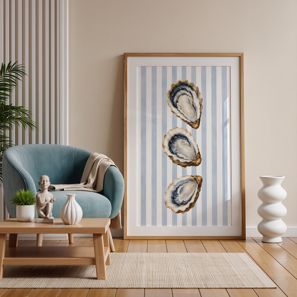 Oyster Wall Art: Coastal Mediterranean Beach House Decor, Blue Striped Printable