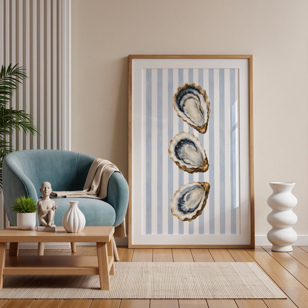 Oyster Wall Art: Coastal Mediterranean Beach House Decor, Blue Striped Printable