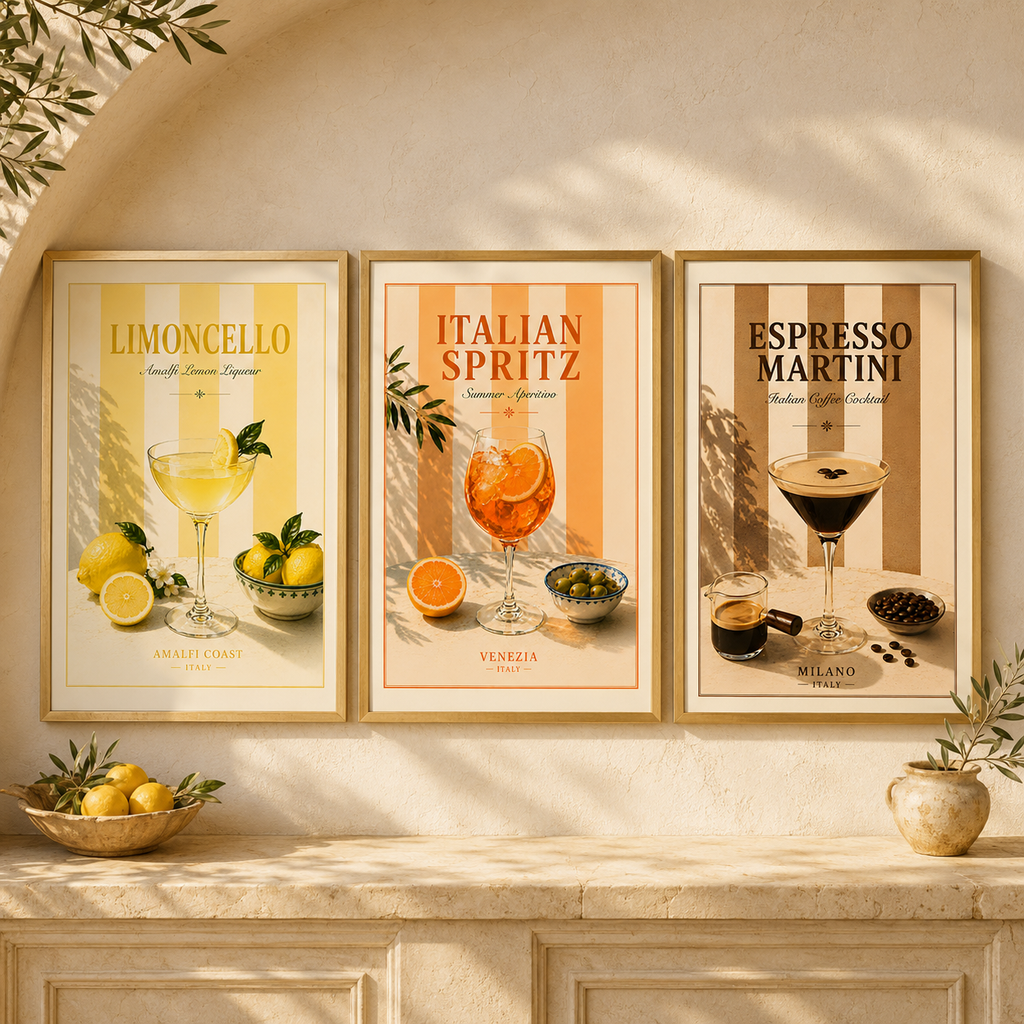 Mediterranean Cocktail Wall Art Set of 3: Italian Spritz, Limoncello & Espresso Martini Printable