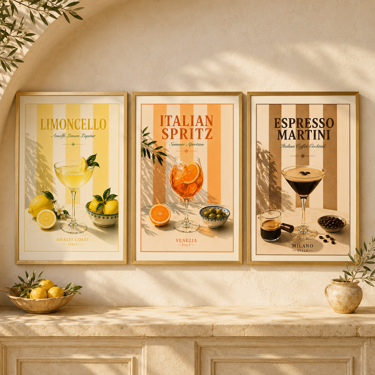 Mediterranean Cocktail Wall Art Set of 3: Italian Spritz, Limoncello & Espresso Martini Printable