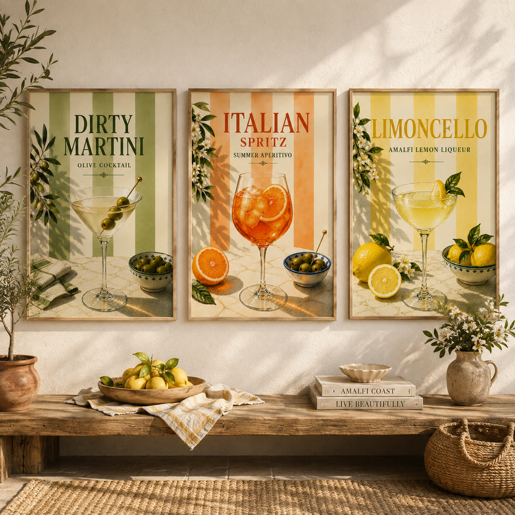 Mediterranean Cocktail Wall Art Set of 3: Italian Spritz, Limoncello & Dry Martini Printable
