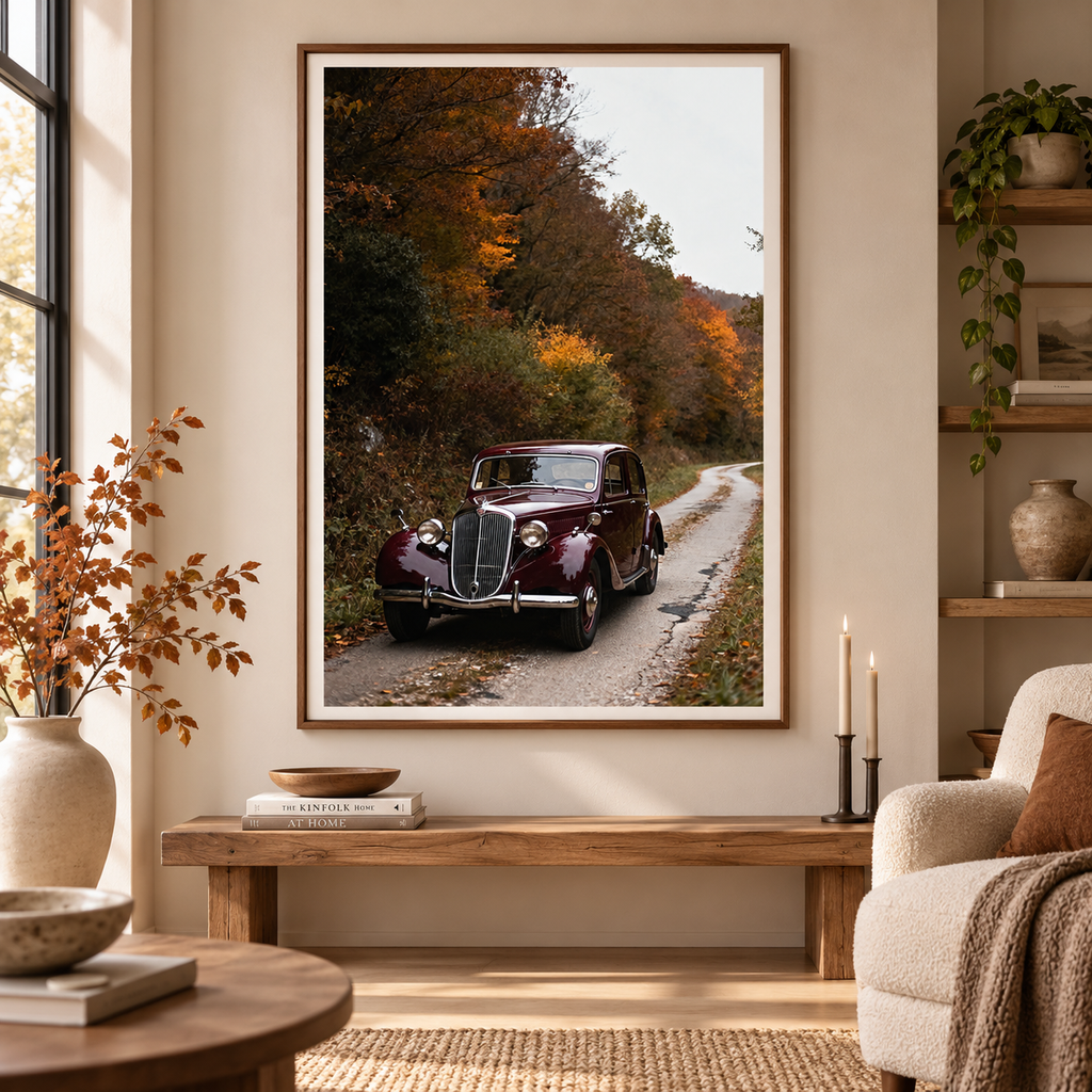 Vintage Car Wall Art: Burgundy Car on Autumn Country Road, Moody Fall Photography Printable