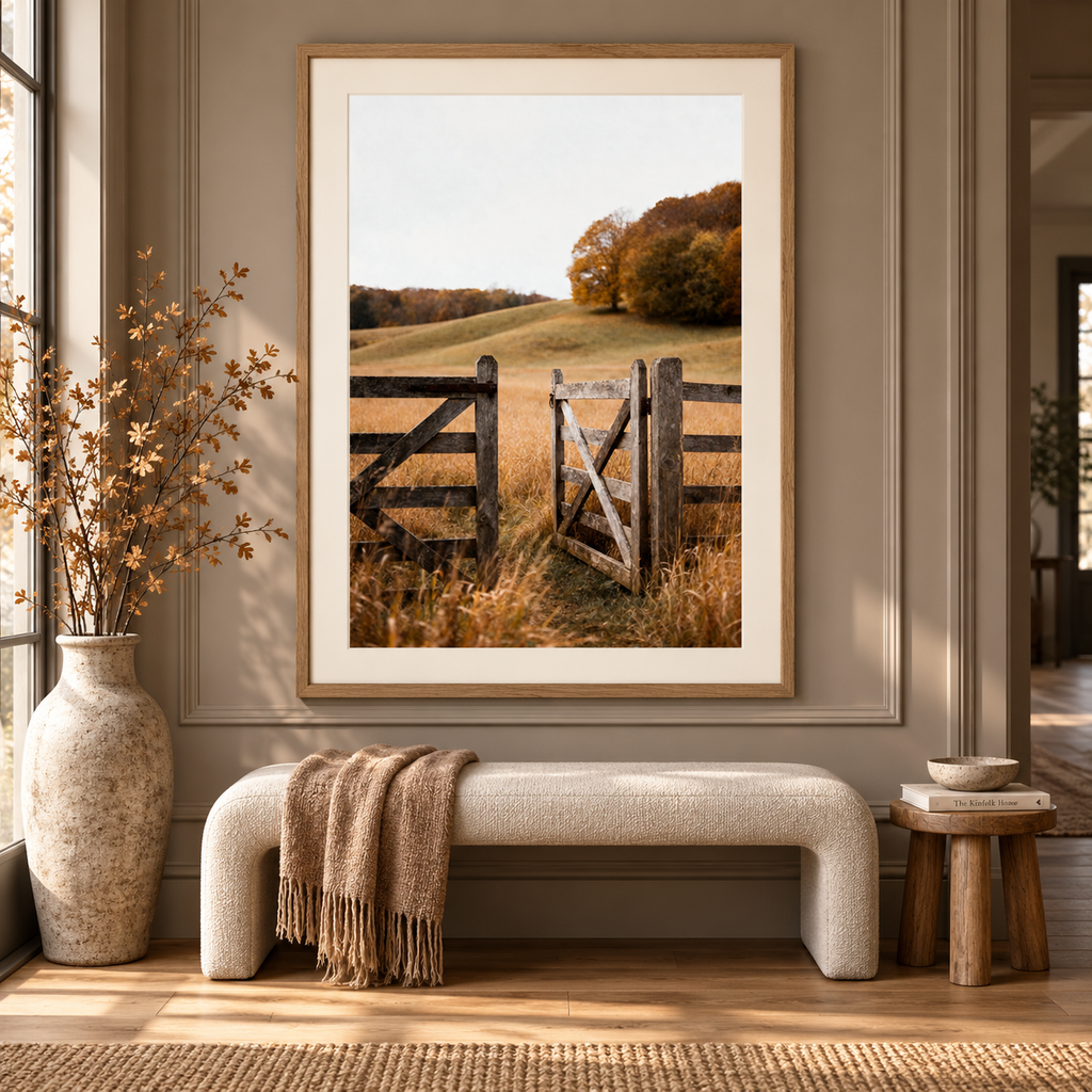 Autumn Countryside Wall Art: Wooden Gate Meadow Landscape Photography Printable