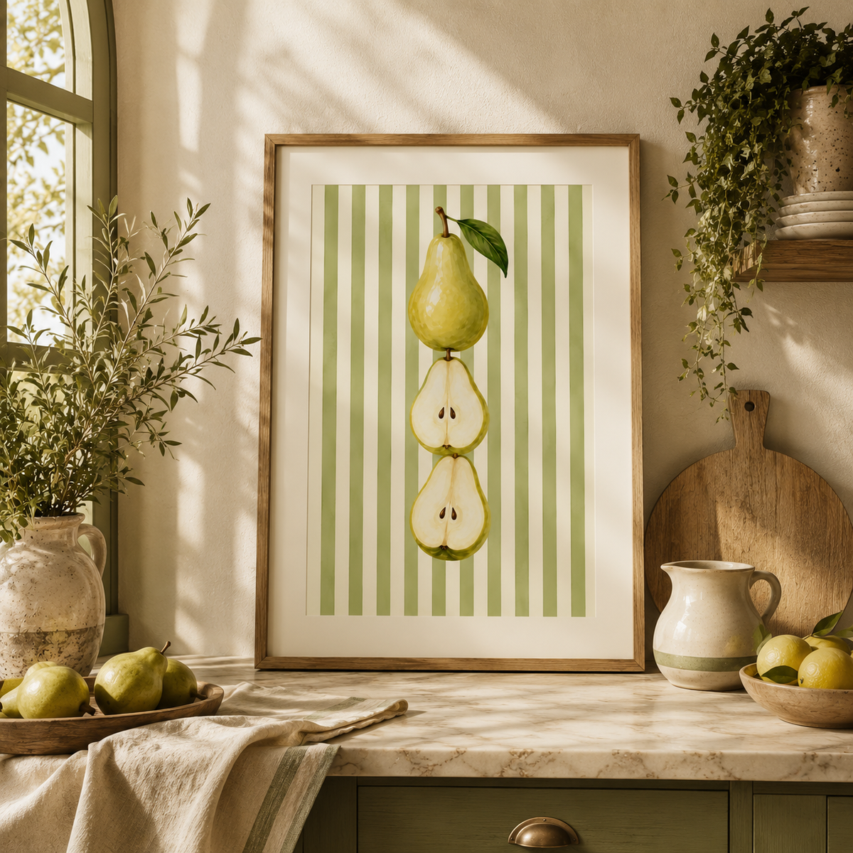 Pear with Green Stripes Wall Art: Cozy Kitchen Decor, Vintage Botanical Fruit Printable
