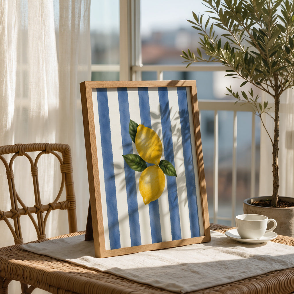 Lemon Wall Art: Blue Striped Citrus Art, Mediterranean Decor, Dining Room Printable