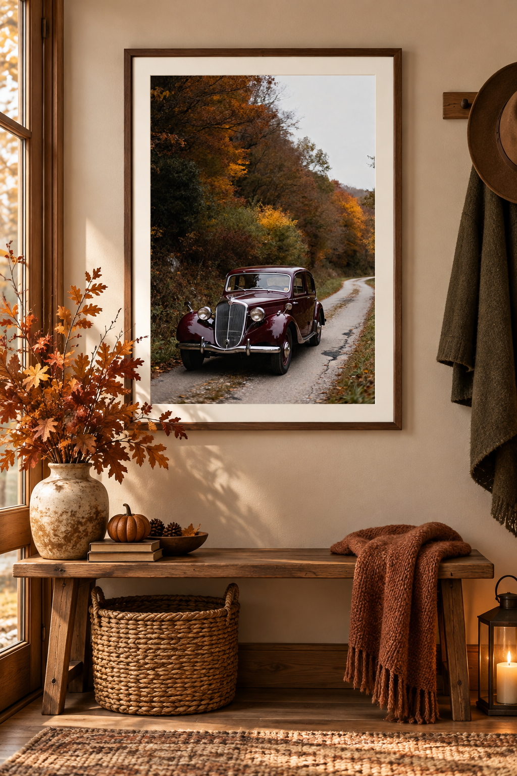 Vintage Car Wall Art: Burgundy Car on Autumn Country Road, Moody Fall Photography Printable