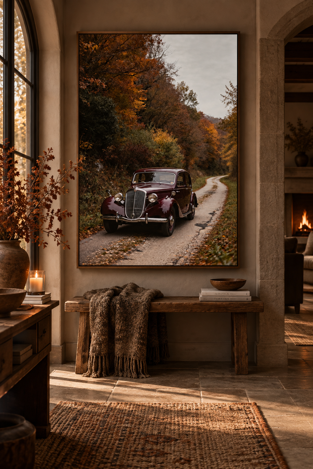 Vintage Car Wall Art: Burgundy Car on Autumn Country Road, Moody Fall Photography Printable