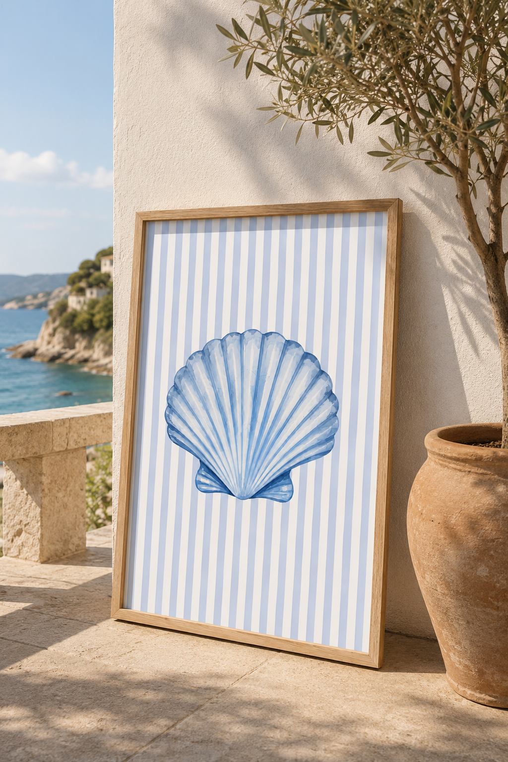 Coastal Seashell Wall Art Printable: Blue Striped Beach House Decor