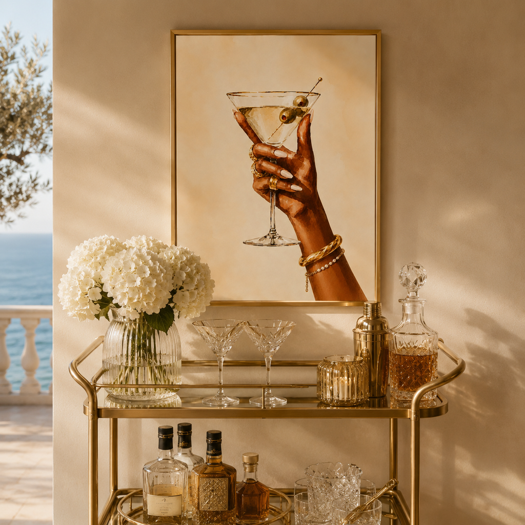 Martini Wall Art: Hand Holding Cocktail Glass, Feminine Bar Cart Decor, Chic Kitchen Printable