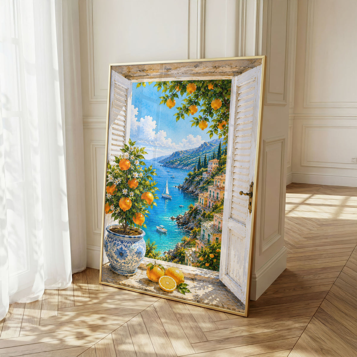 Mediterranean Window Wall Art Set of 3: Amalfi Coast Lemon Trees & Coastal Views Printable