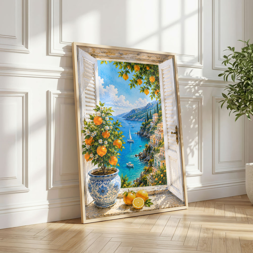 Mediterranean Window Wall Art Set of 3: Amalfi Coast Lemon Trees & Coastal Views Printable