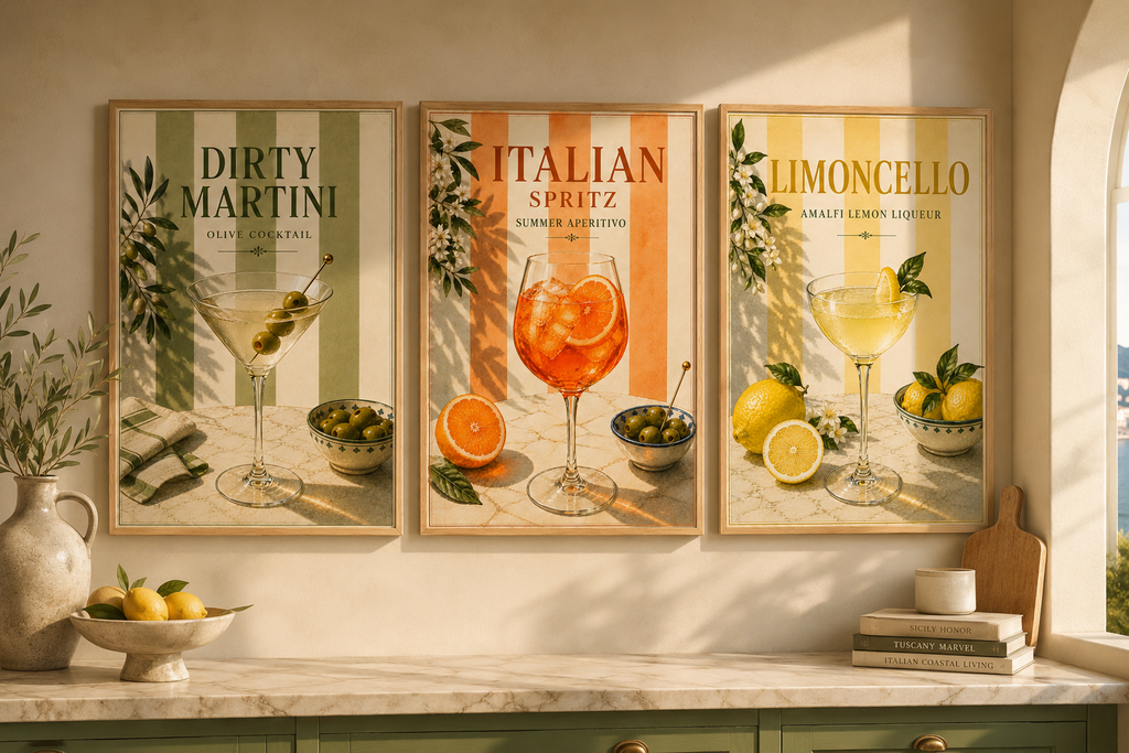Mediterranean Cocktail Wall Art Set of 3: Italian Spritz, Limoncello & Dry Martini Printable