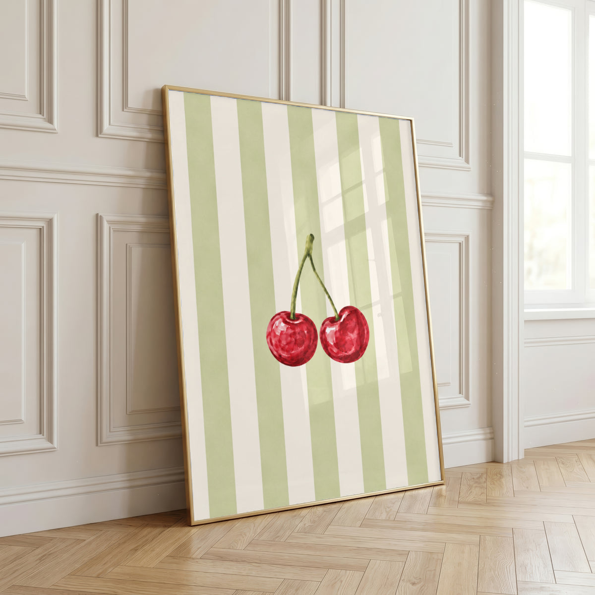 Cherry Wall Art Set of 3: Pastel Striped Bedroom Decor, Coquette Printable