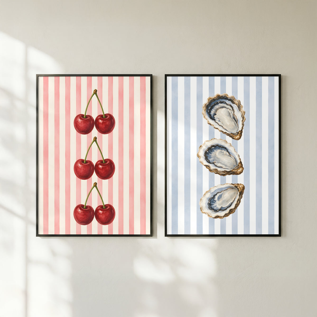 Striped Fruit Wall Art Set of 6: Colorful Modern Kitchen Decor, Lemon Cherry Printable