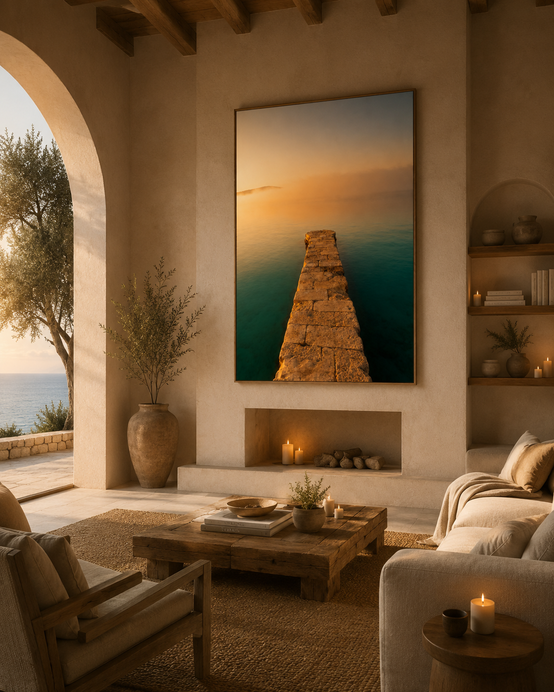 Mediterranean Coastal Wall Art: Stone Pier Bathroom Decor Printable