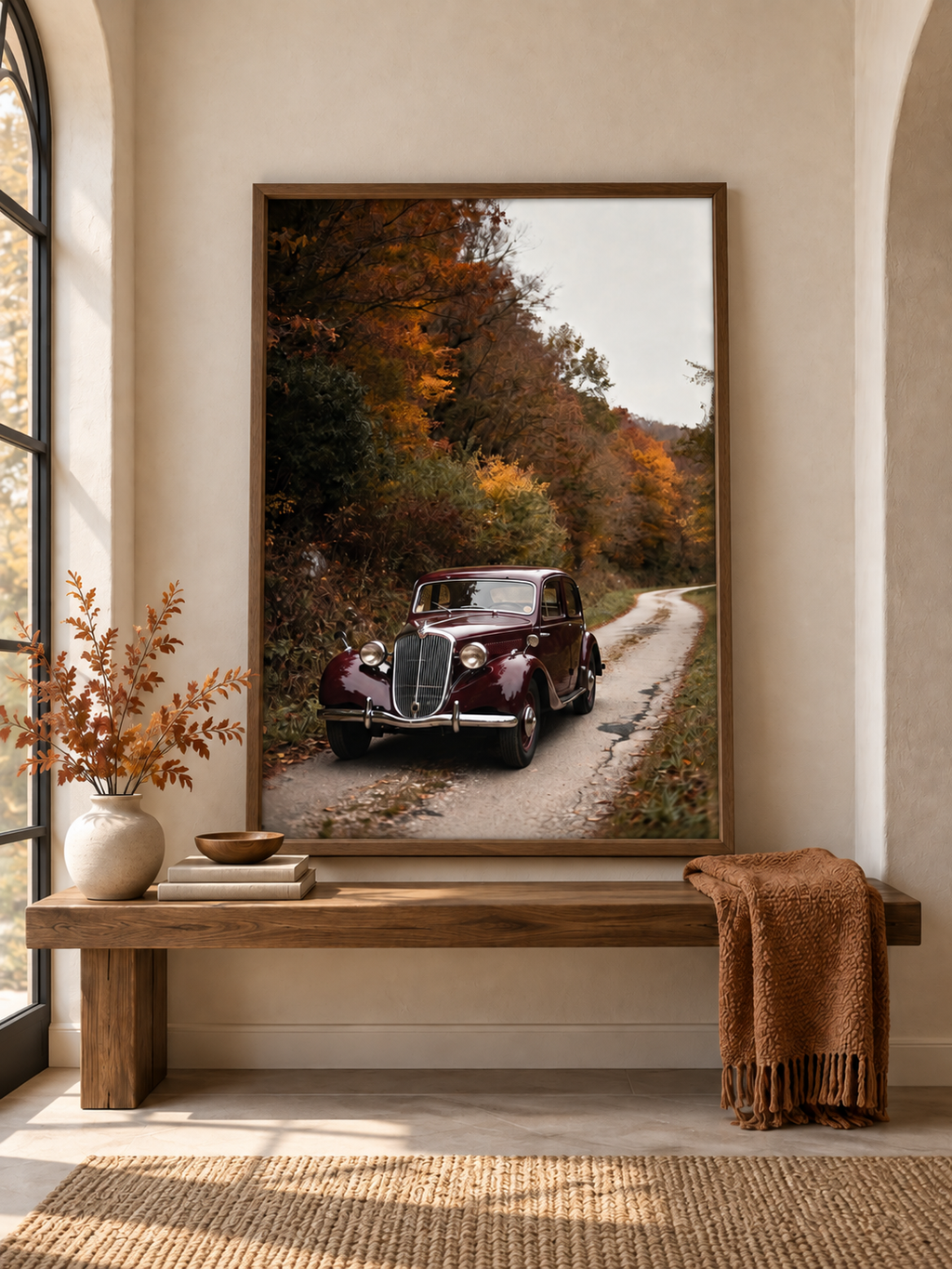 Vintage Car Wall Art: Burgundy Car on Autumn Country Road, Moody Fall Photography Printable