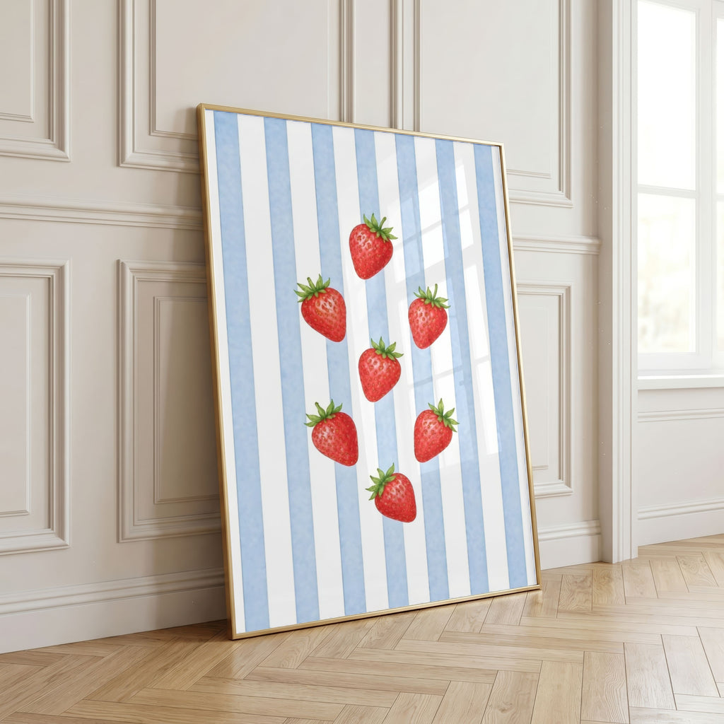 Striped Fruit Wall Art Set of 8: Colorful Kitchen Fruit Decor, Lemon Strawberry Cherry Printable