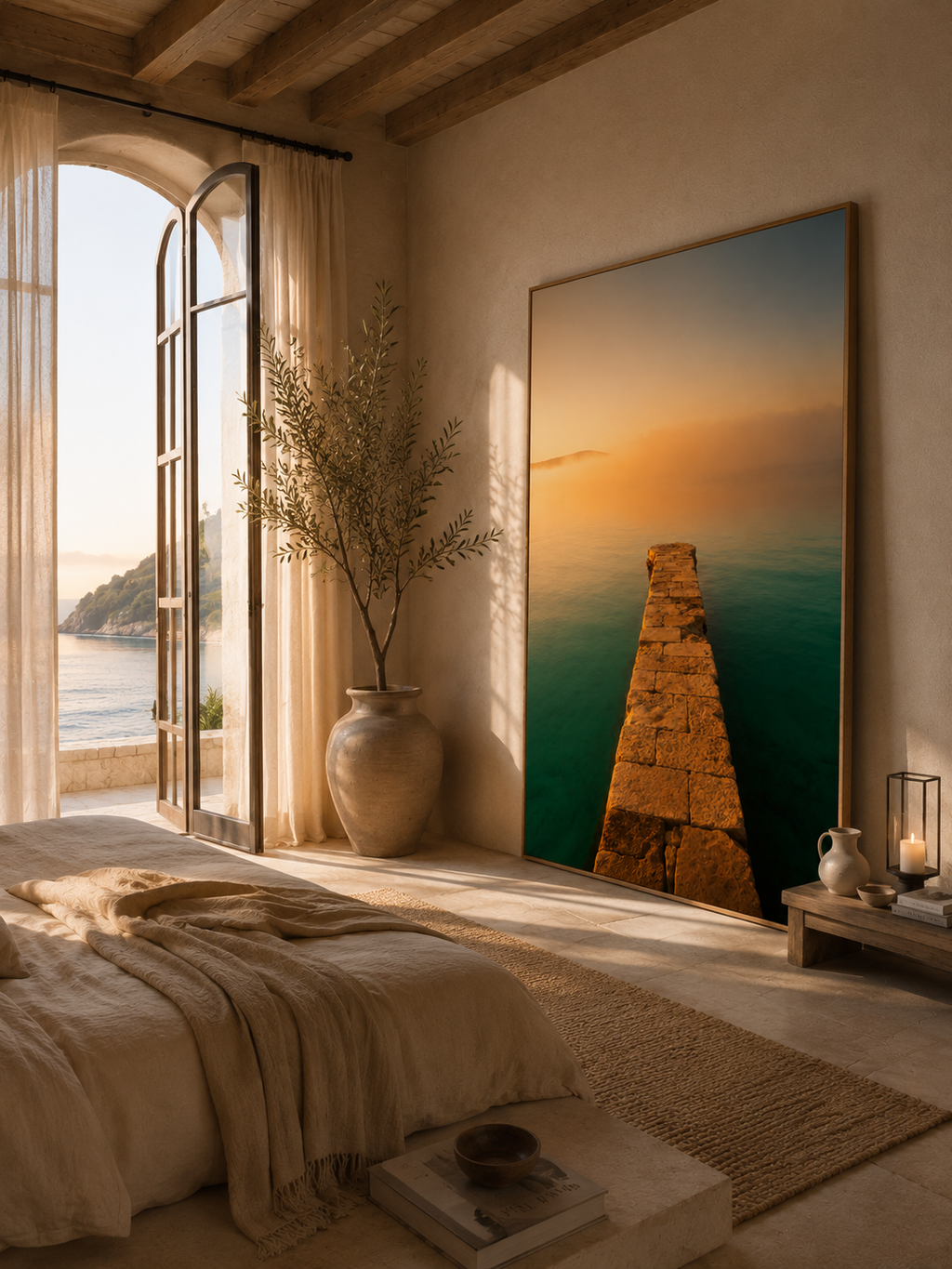 Mediterranean Coastal Wall Art: Stone Pier Bathroom Decor Printable