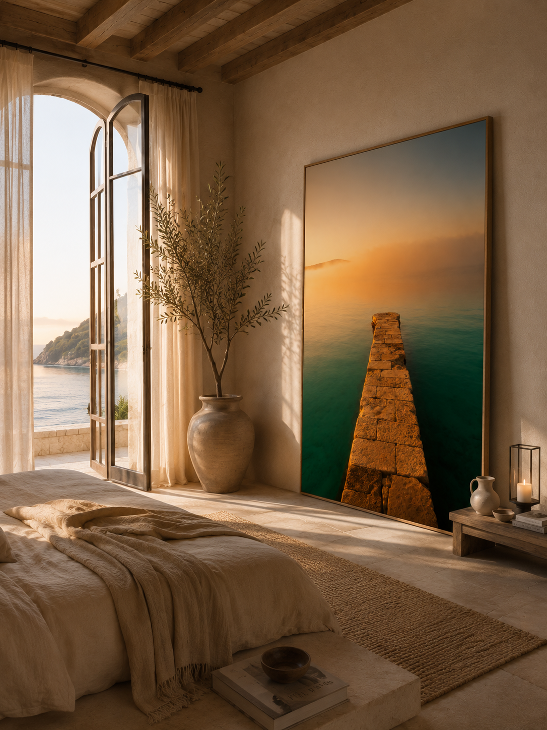 Mediterranean Coastal Wall Art: Stone Pier Bathroom Decor Printable