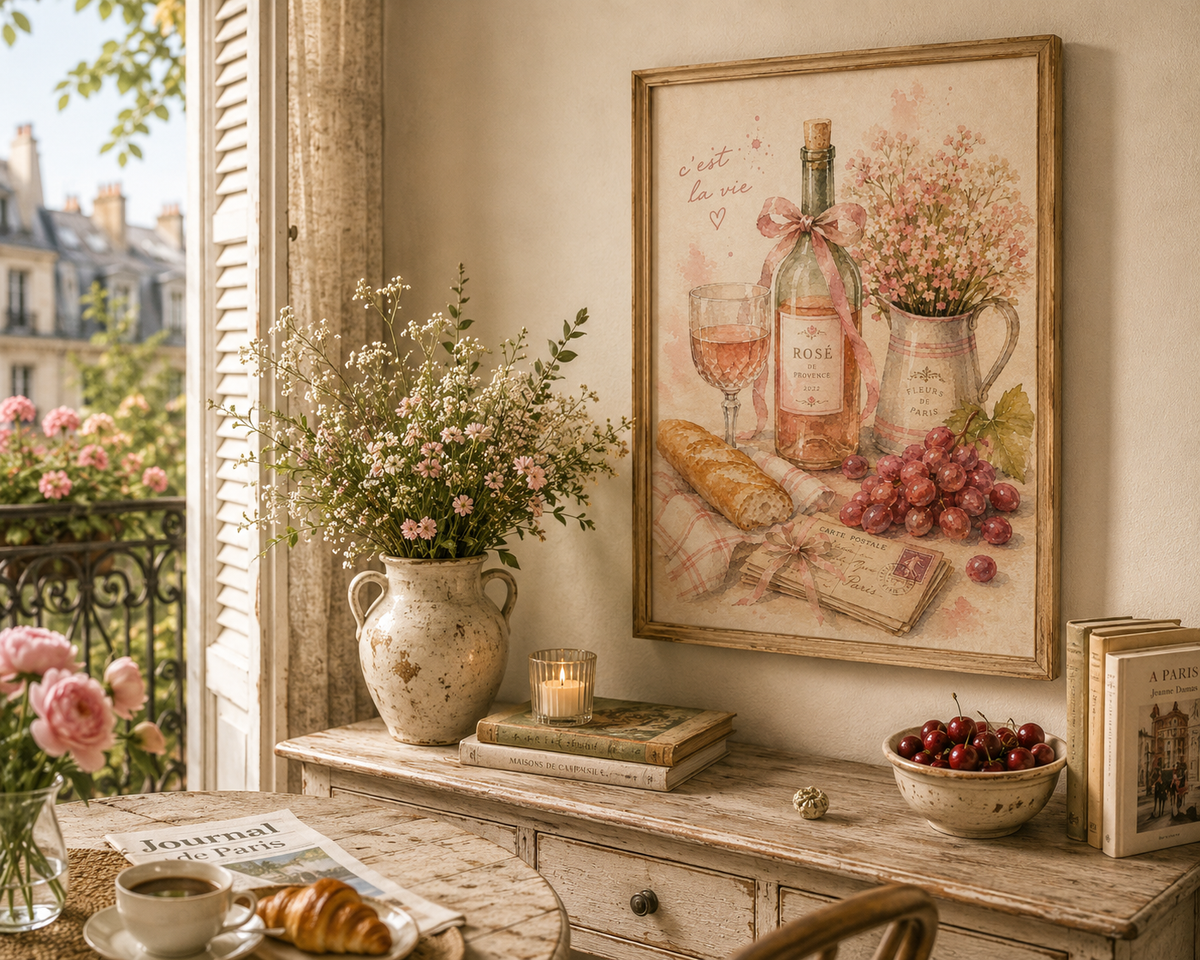 Parisian Romance Wall Art Set of 4: Feminine French Café Printable Collection