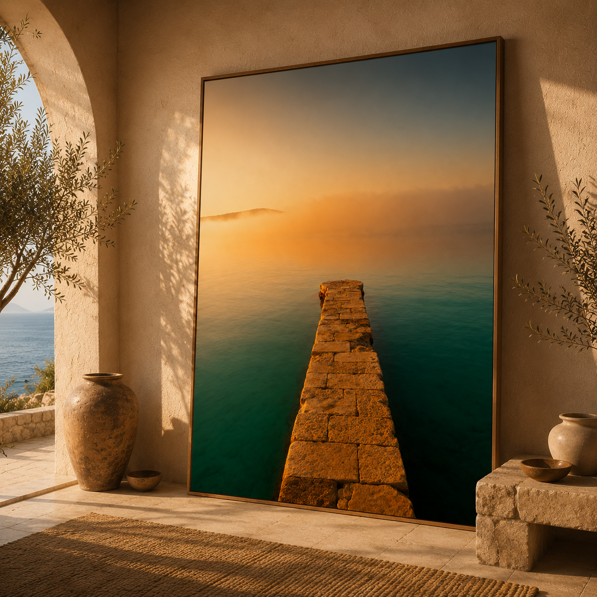 Mediterranean Coastal Wall Art: Stone Pier Bathroom Decor Printable