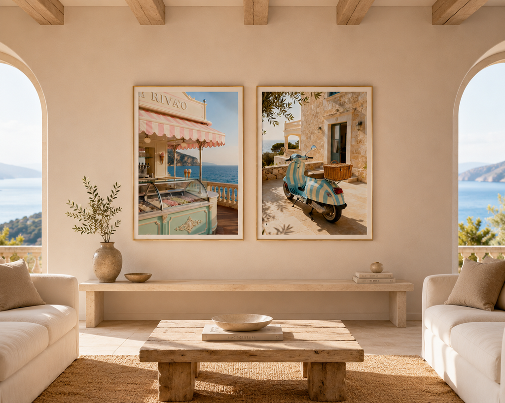 Italian Riviera Wall Art Set of 2: Vintage Scooter & Coastal Photography Printable