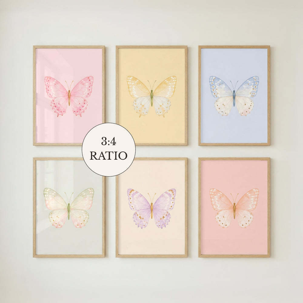 Pastel Butterfly Wall Art Set of 6: Nursery Decor Printable, Watercolor Kids Bedroom