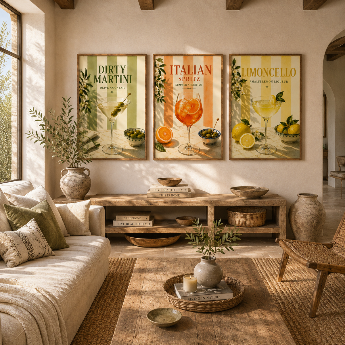 Mediterranean Cocktail Wall Art Set of 3: Italian Spritz, Limoncello & Dry Martini Printable