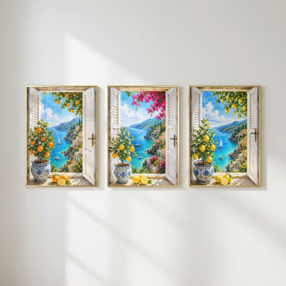 Mediterranean Window Wall Art Set of 3: Amalfi Coast Lemon Trees & Coastal Views Printable