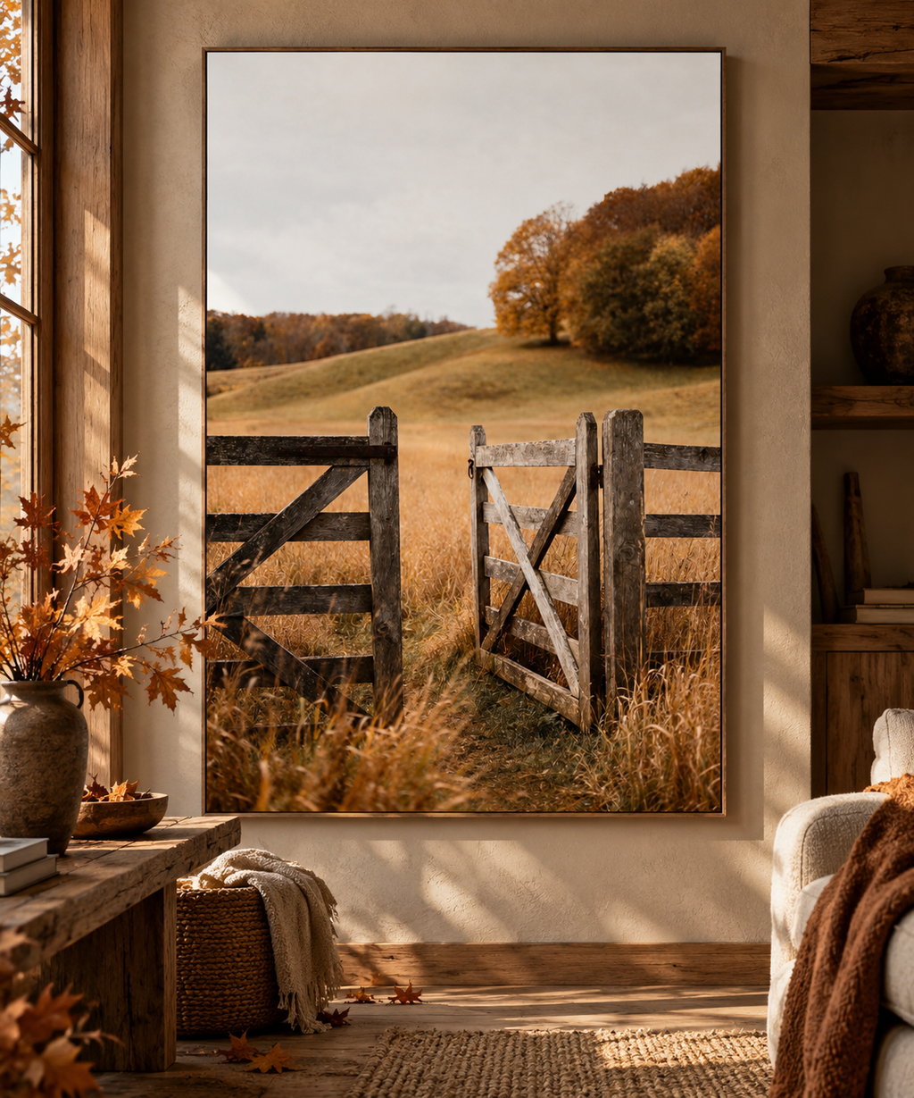 Autumn Countryside Wall Art: Wooden Gate Meadow Landscape Photography Printable
