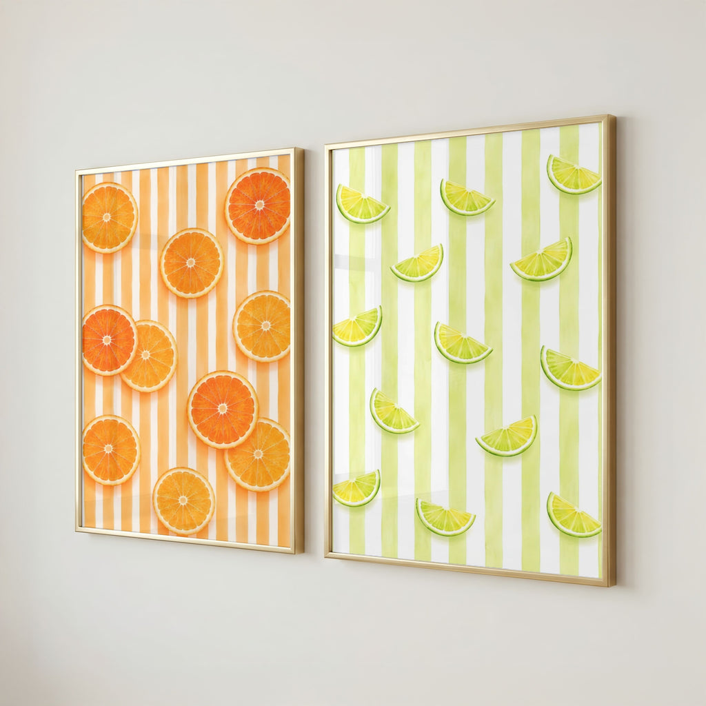 Striped Fruit Wall Art Set of 6: Mediterranean Kitchen Decor & Citrus Printable