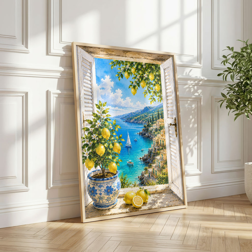 Mediterranean Window Wall Art Set of 3: Amalfi Coast Lemon Trees & Coastal Views Printable