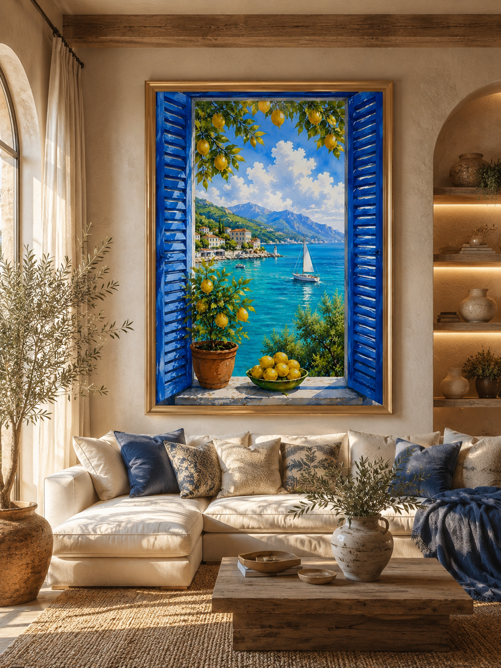 Mediterranean Window Wall Art Set of 3: Blue Shutters, Lemon Trees & Coastal Views Printable