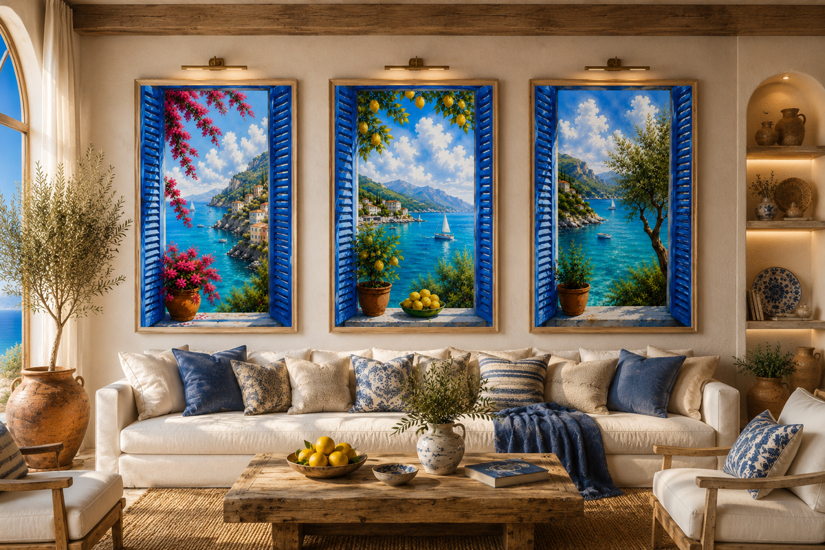 Mediterranean Window Wall Art Set of 3: Blue Shutters, Lemon Trees & Coastal Views Printable