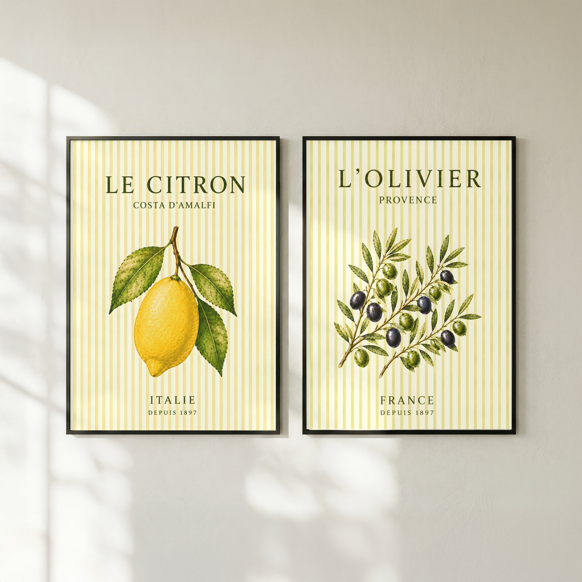 Mediterranean Striped Fruit Wall Art Set of 3: Lemon Pear Olive Printable