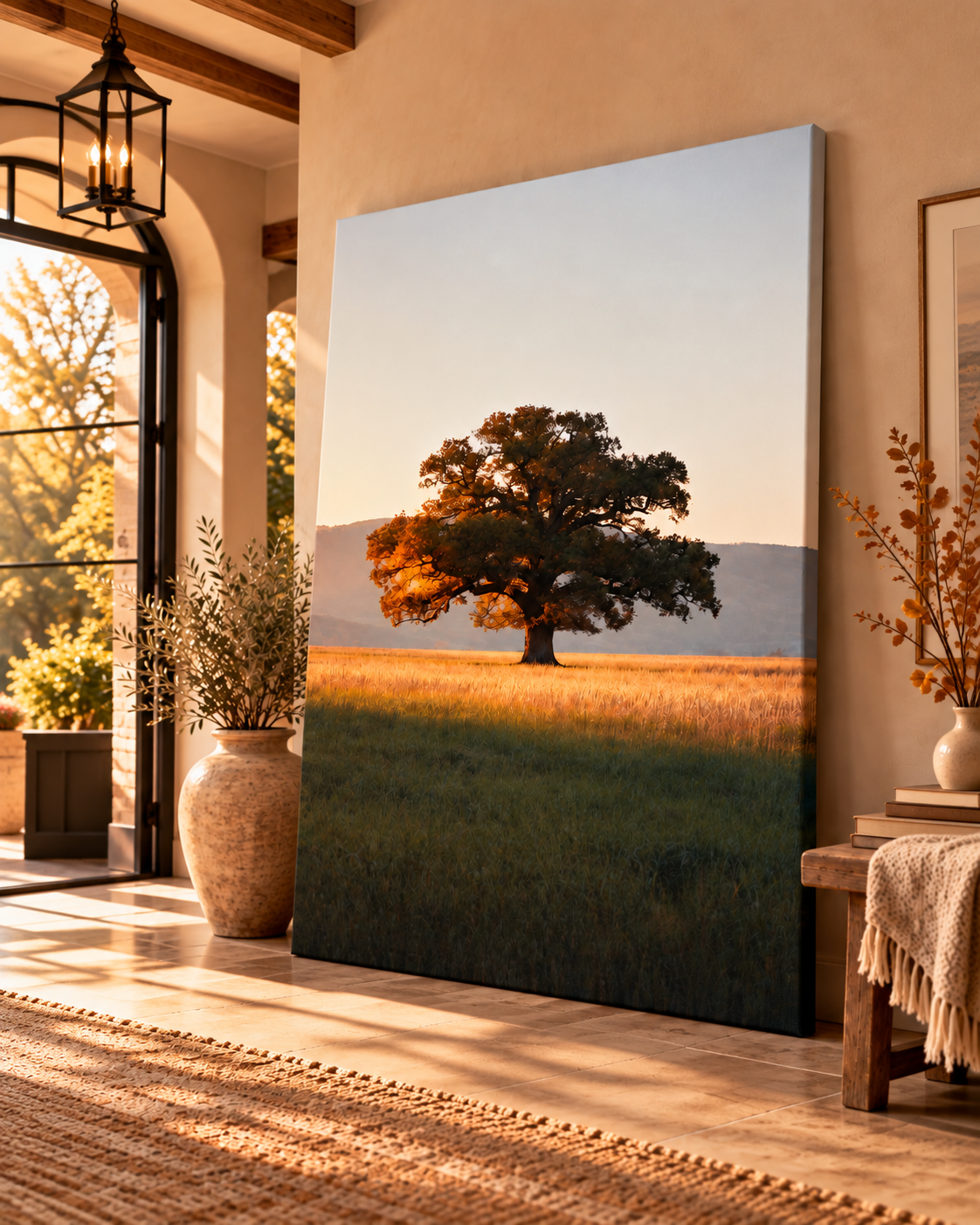 Oak Tree Wall Art: Autumn Countryside Landscape Photography, Golden Hour Nature Decor Printable