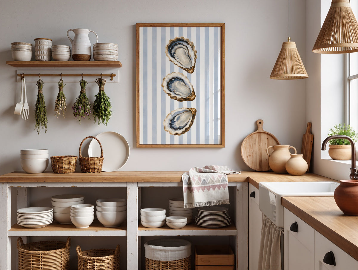 Oyster Wall Art: Coastal Mediterranean Beach House Decor, Blue Striped Printable